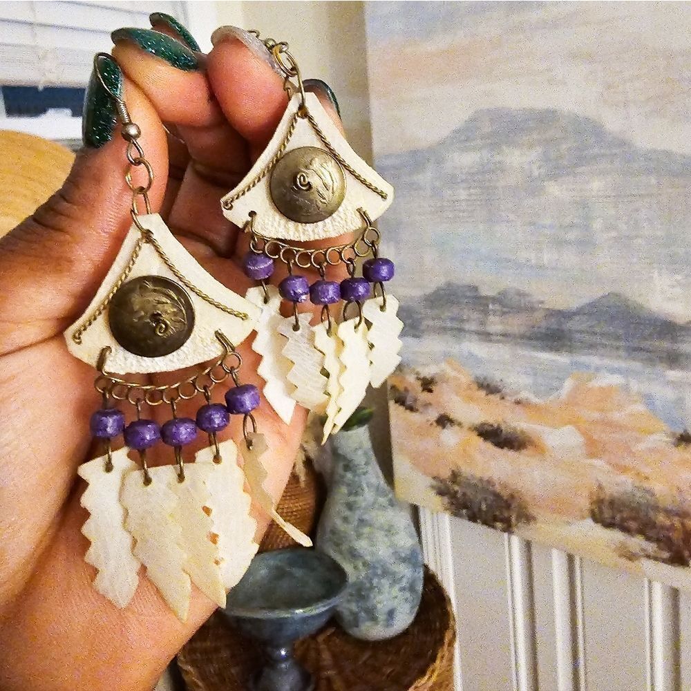 VTG 70'S Handmade Peruvian Centavos Bohemian Charm Dangle Earrings.